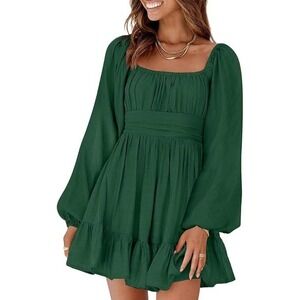 Green Long Sleeve Square Neck Smocked Waist Tie Back Mini Dress Size L #11